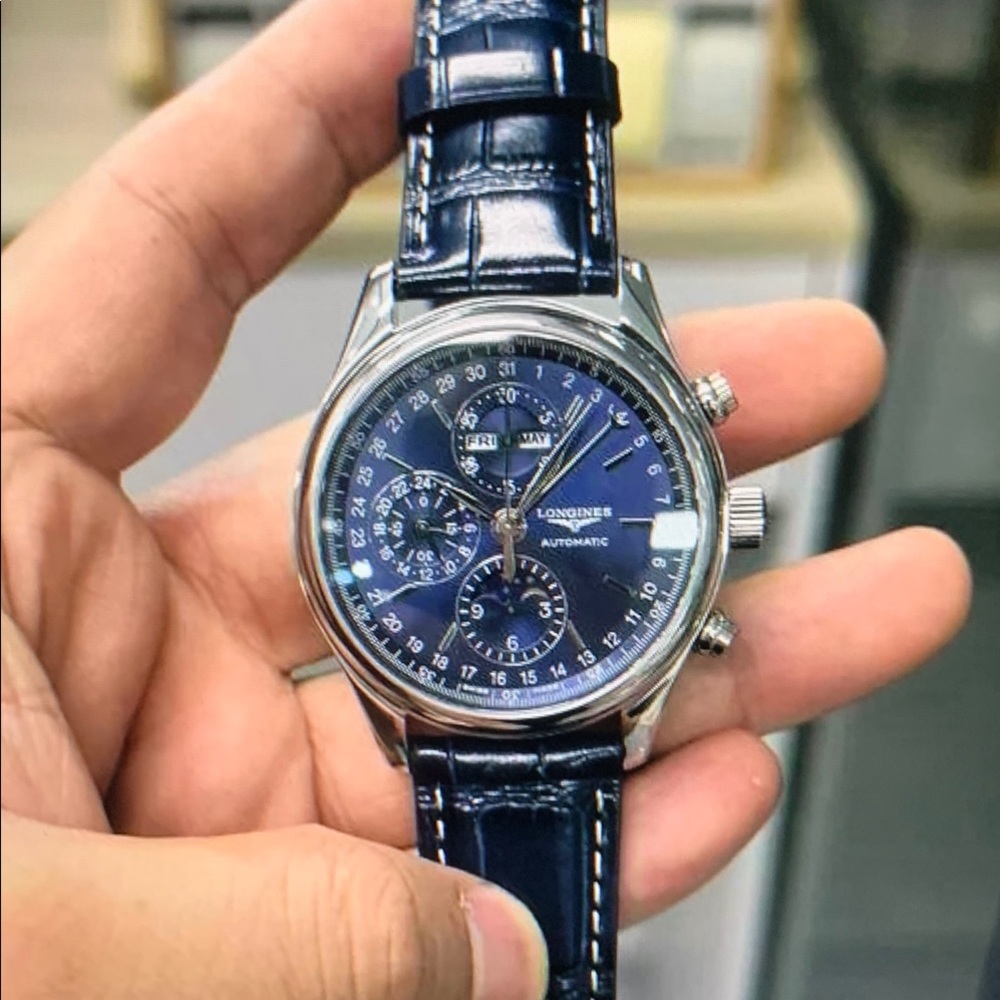 Longines Blue Chronograph Watch with Leather Strap